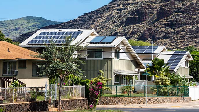 Solar panels on homes in Kaupuni Village, an affordable housing, net-zero community on Oahu