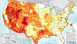 Map of the geothermal resources of the United States showing geothermal opportunities are concentrated primarily in the western states.
