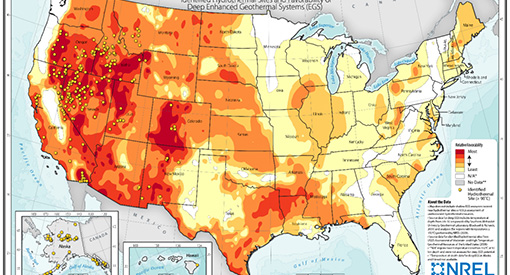 U.S. map colored with potential geothermal hotspots