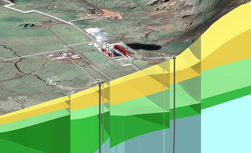 3-D visualization of a geothermal powerplant and the subsurface geology