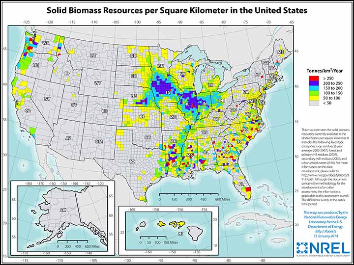 Solid U.S. Biomass Resources per Square Kilometer
