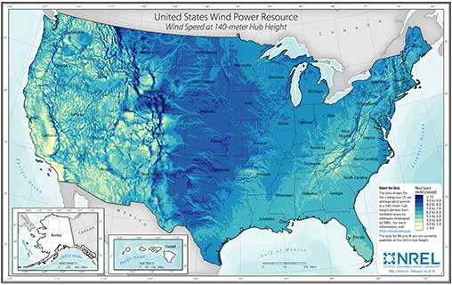 U.S. Wind Speed at 140-Meter above Surface Level
