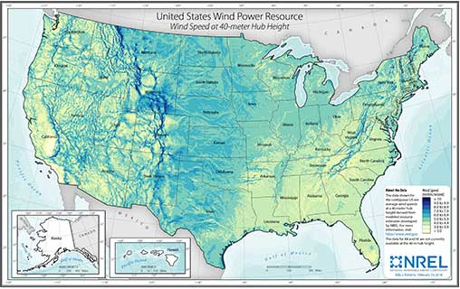 U.S. Wind Speed at 40-Meter above Surface Level