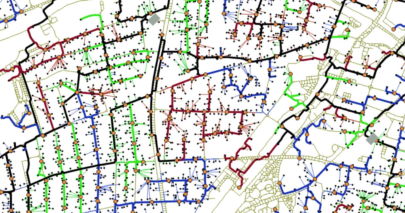 A simulated distribution network over Santa Fe, NM, created by the SMART-DS platform.