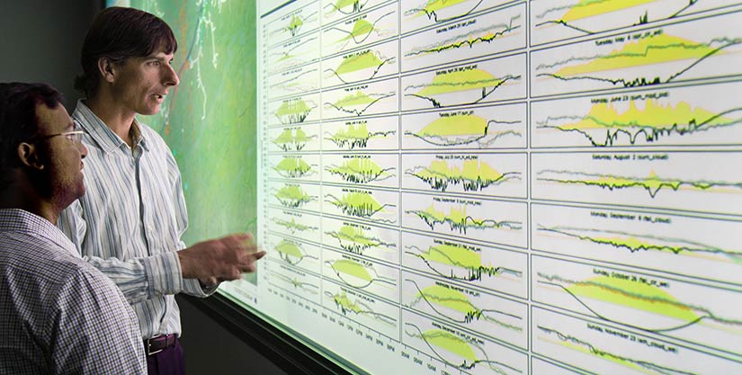 Researchers looking at a visualization screen