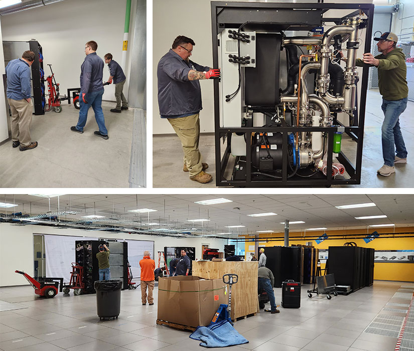 A collage of workers in the data center with the Kesrel supercomputer.