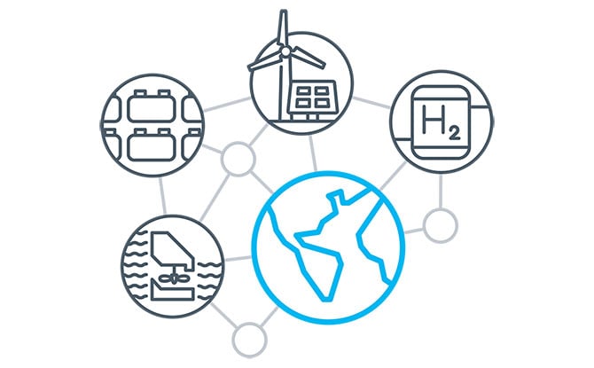 20210126-seac-storage-futures Graphic of five icons interconnected with lines, including hydrogen, batteries, pumped hydropower, wind, solar, and a globe to represent diverse storage technologies and how they contribute to the grid.