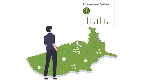 Illustration of person standing above a map of the United States with a box that says Procurement Options.