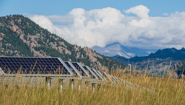 A photo of a large solar array in a field of tall grass with foothills in the background.