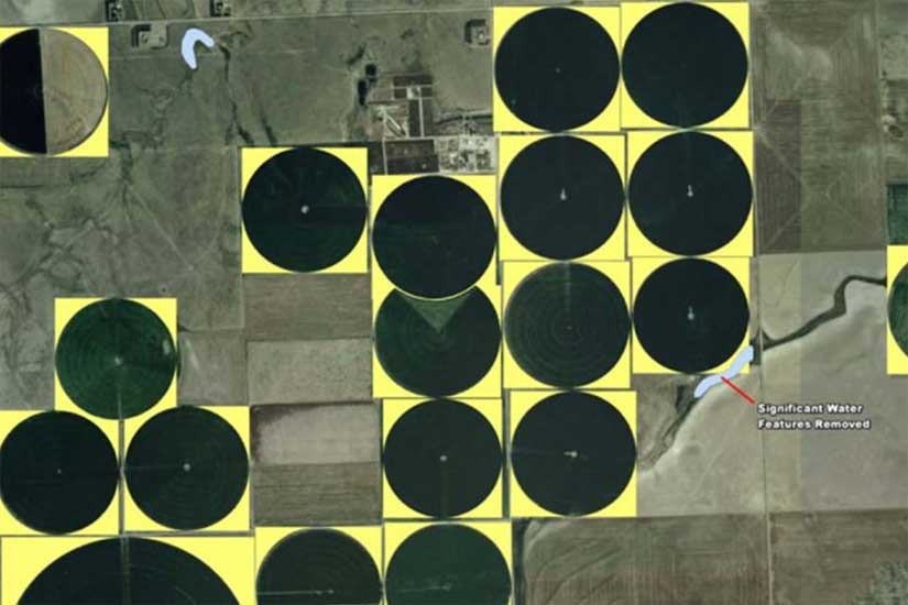 When farms use center-pivoted irrigation, the outer corners of square plots of land (shown in yellow) are not used for crop growth and could be utilized for a veggie-centric solar installation