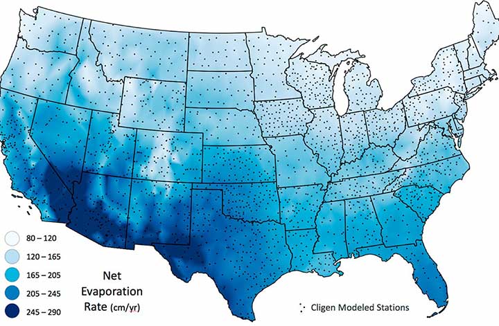U.S. map showing evaporation rates and potential sites for floating solar photovoltaic panels.