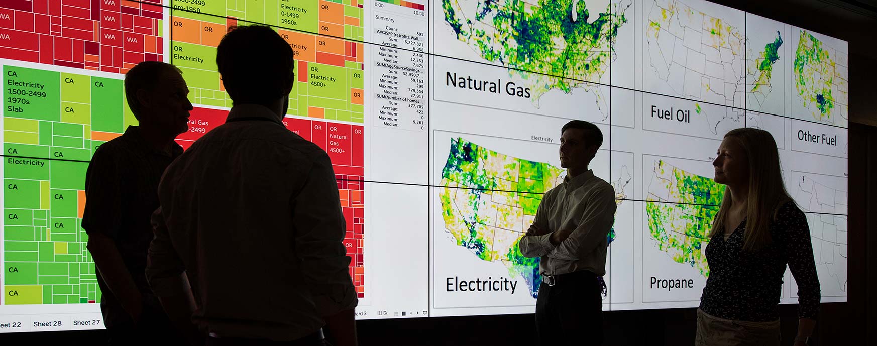 restock_45439 Photo of a four researchers in front of a wall of screens, showing different maps and charts.