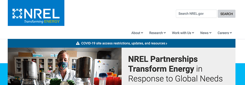 alert-under-nav Screenshot of an alert banner under the top navigation on an nrel.gov web page.