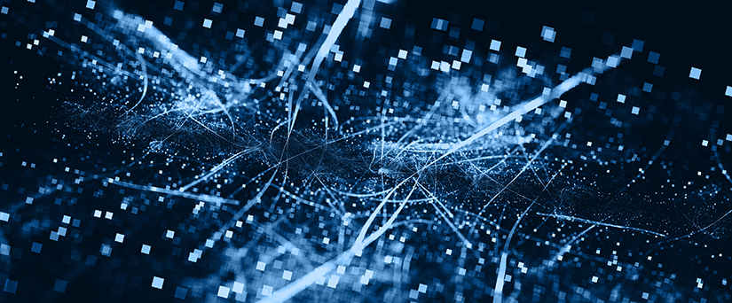 ai_istock-1273484747 Blue web of pixels and ribbons on black background