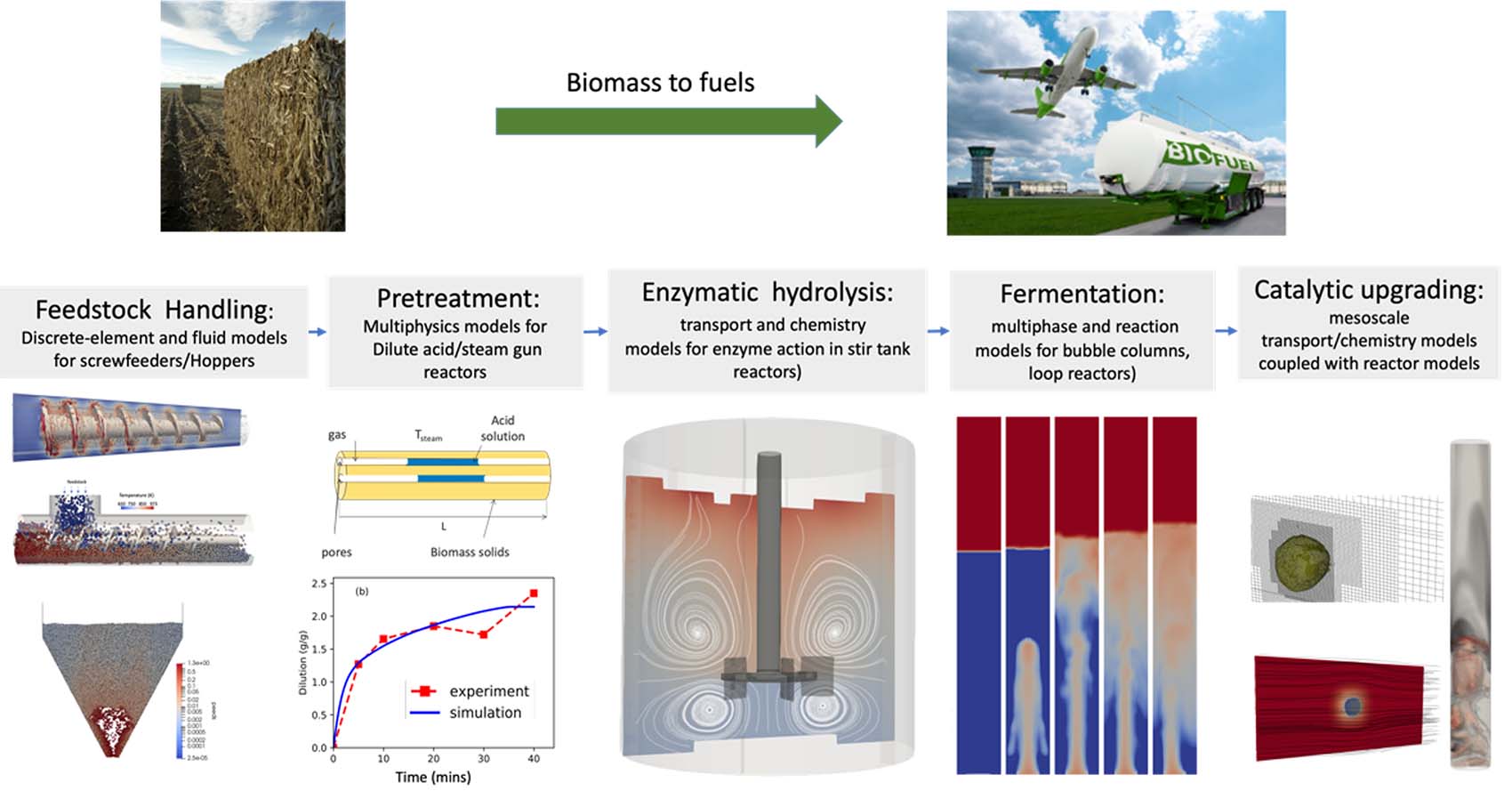 virtual-engineering-of-biofuels-software The image outlines the process of converting biomass to fuels, showing stages like feedstock handling, pretreatment, enzymatic hydrolysis, fermentation, and catalytic upgrading.
