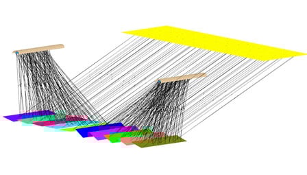 graphic-soltrace A computer-generated image simulating the rays of the sun hitting troughs from different angles.