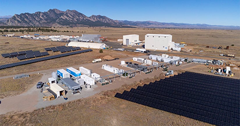 cybersecurity-at-scale-security-evaluation Aerial view of NREL's campus with energy storage buildings and solar arrays.