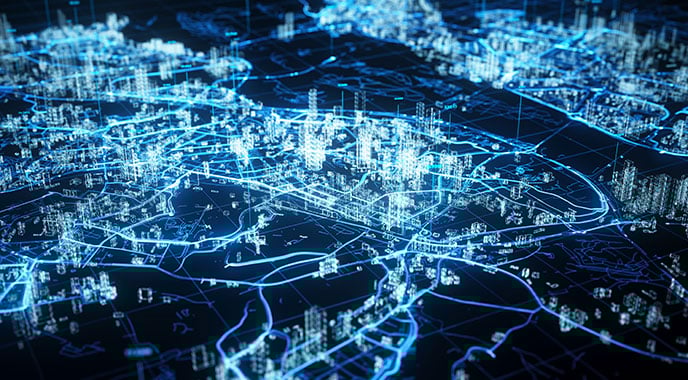 futuristic grid overlayed on a 3D map