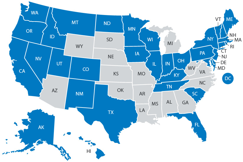 Map of the United States highlighting the states with GHP incentive policies