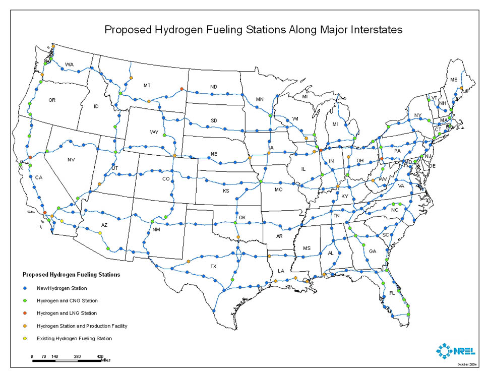 map_hydrogen_fueling_stations Proposed Hydrogen Refueling Stations along Major Interstates