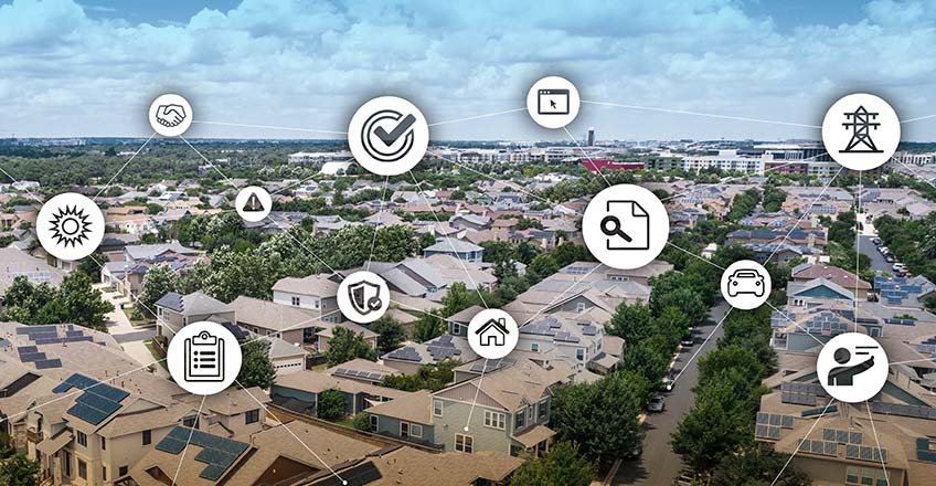 ieee-1547-hp Aerial photo of neighborhood with rooftop solar below overlay of icons.
