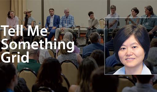 nrel-gpac-tmsg-li-chen-tn A photo of a collaborative meeting overlain by Yonghong Chen's headshot and text that reads Tell Me Something Grid.