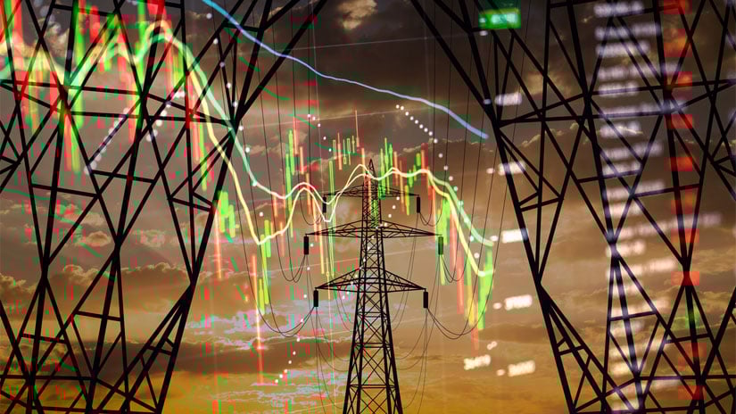 Power transmission pole with transmission lines lit up connecting to another pole.