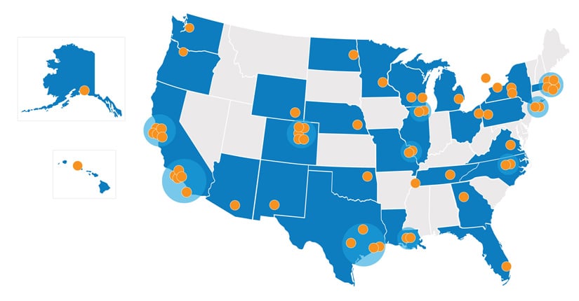 Map of the United States showing the locations of the channel partners