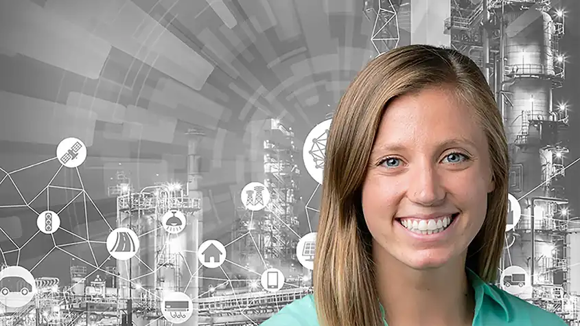 A smiling woman’s face overlain on a background of black- and- white manufacturing images and icons