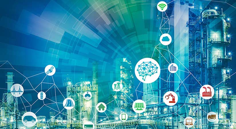 20180816-manuf-istock-872710520 Blue and green graphic with manufacturing related icons scattered across an industrial space.