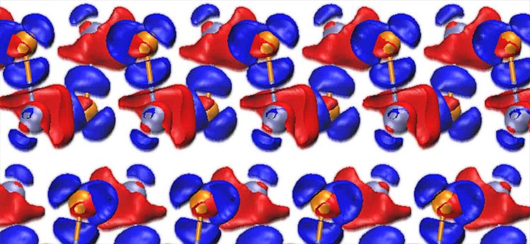 hp_electronic_structure An image of multiple, interconnecting red and blue particles