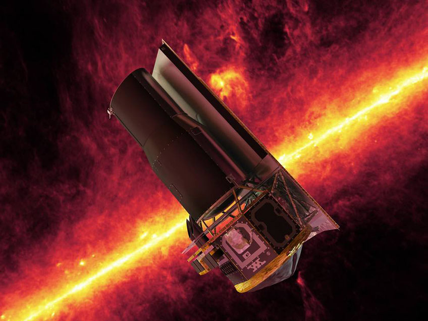 Digital illustration of a NASA satellite in space.