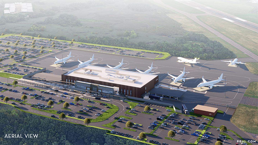 20250707-beyond-flights-airports-could-bolster-grid-security-and-adaptability-new-haven-airport-expansion Illustration of an aerial view of a regional airport