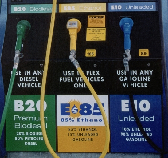 Photo of fueling pump with B20 biodiesel (20% biodiesel; 80% petroleum diesel) for use in any diesel vehicle, E85 ethanol (85% ethanol; 15% unleaded gasoline) for use in flex fuel vehicles only, and E10 unleaded (10% ethanol; 90% unleaded gasoline) for use in any gasoline vehicle.
