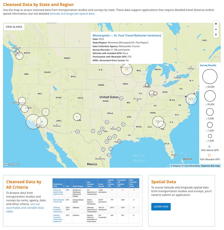 Screenshot of webpage with U.S. map displaying states and regions for which cleansed travel data are available as well as a table for finding cleansed data by all criteria.