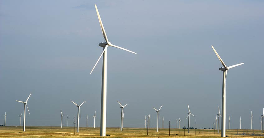 A field of turbines with an overcast sky.