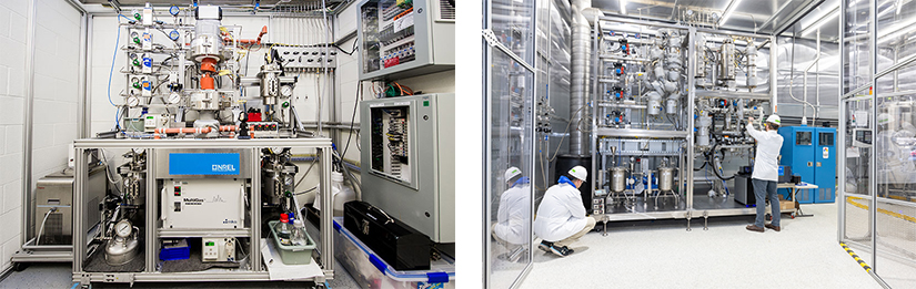 20250520-nrel-crysalis-biosciences-collaborate-to-scale-up-domestic-biomanufacturing-technologies-39327-97575 An image of a reactor in a lab and an image of two people wearing PPE working in a lab.