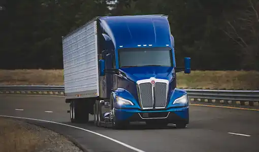A blue freight truck in the foreground on a highway flanked by grass and dark trees in the background.
