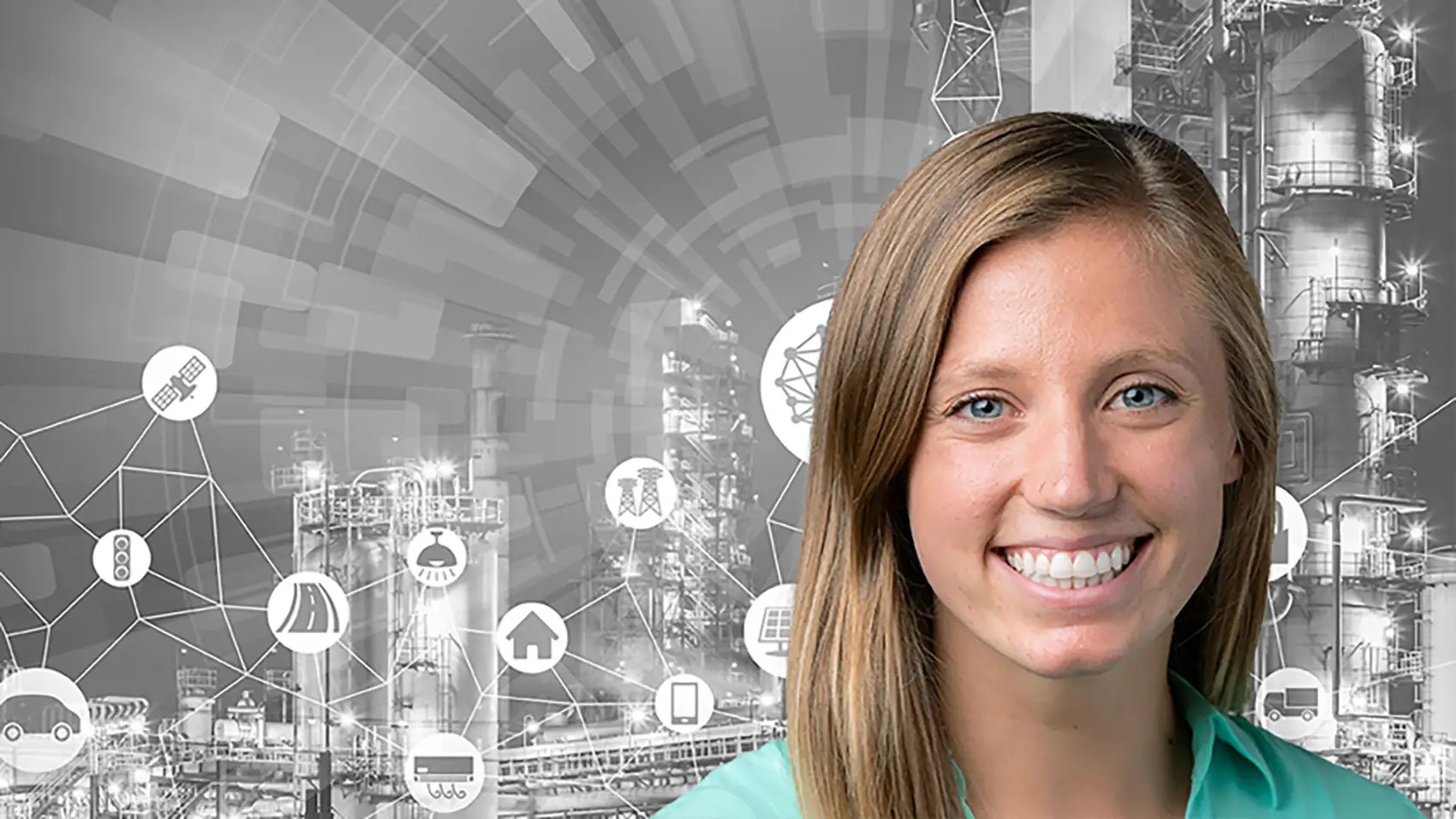 20250915-q-a-alli-werner-engineer-enlists-tiniest-engineers-microbes-recycle-plastics-mine-metals-more-header A smiling woman’s face overlain on a background of black- and- white manufacturing images and icons