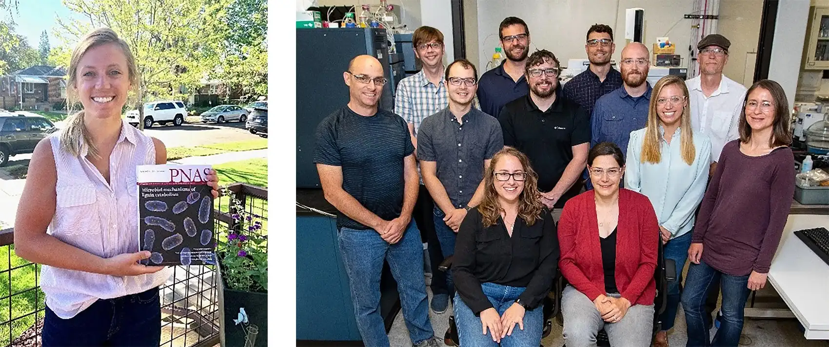20250915-q-a-alli-werner-engineer-enlists-tiniest-engineers-microbes-recycle-plastics-mine-metals-more-pnas (left) Alli holding up a copy of PNAS; (right) Twelve people posing for a photo