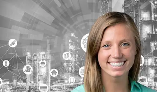A smiling woman’s face overlain on a background of black- and- white manufacturing images and icons