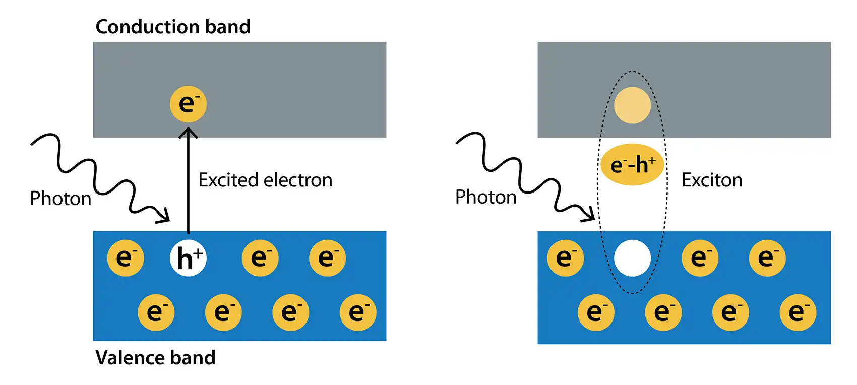 20251201-scientists-describe-exciton-formation-thin-magnetic-crystals-with-potential-for-quantum-computing-other-advanced-technologies-graphic A photon ray (a quantum of light) depicted by a line is shown to hit a valence band, which turns an electron denoted by an (e-) into an excited electron before moving into the conduction band as a normal electron again.