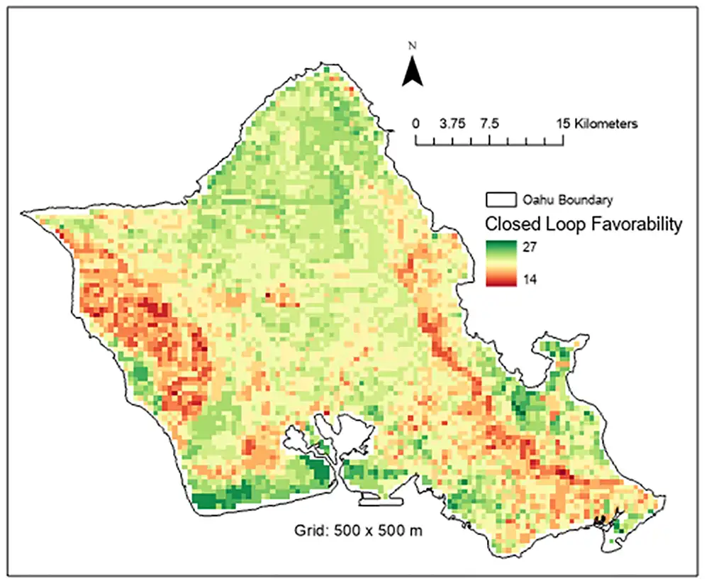 20251208-new-report-illuminates-geothermal-cooling-potential-in-hawaii-closed-loop A map of Oahu with highlighted areas indicating closed loop favorability.