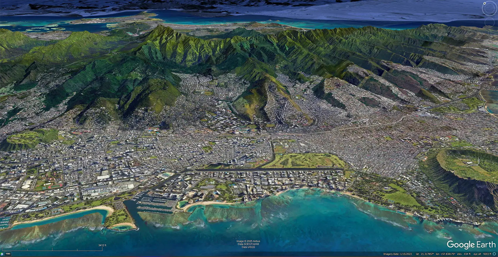 20251208-new-report-illuminates-geothermal-cooling-potential-in-hawaii-google-oahu An aerial image of Oahu, from above Honolulu.
