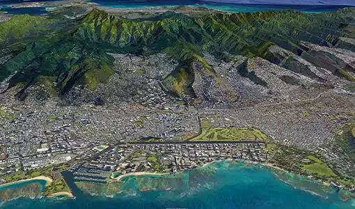 An aerial image of Oahu, from above Honolulu.
