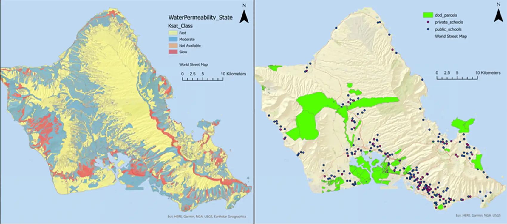 20251208-new-report-illuminates-geothermal-cooling-potential-in-hawaii-water Two maps of Oahu indicating soil permeability zones and Department of Defense lands and public and private schools.