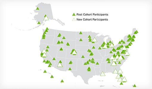 A map of the United States with icons showing the locations of Past Cohort Participants and New Cohort Participants