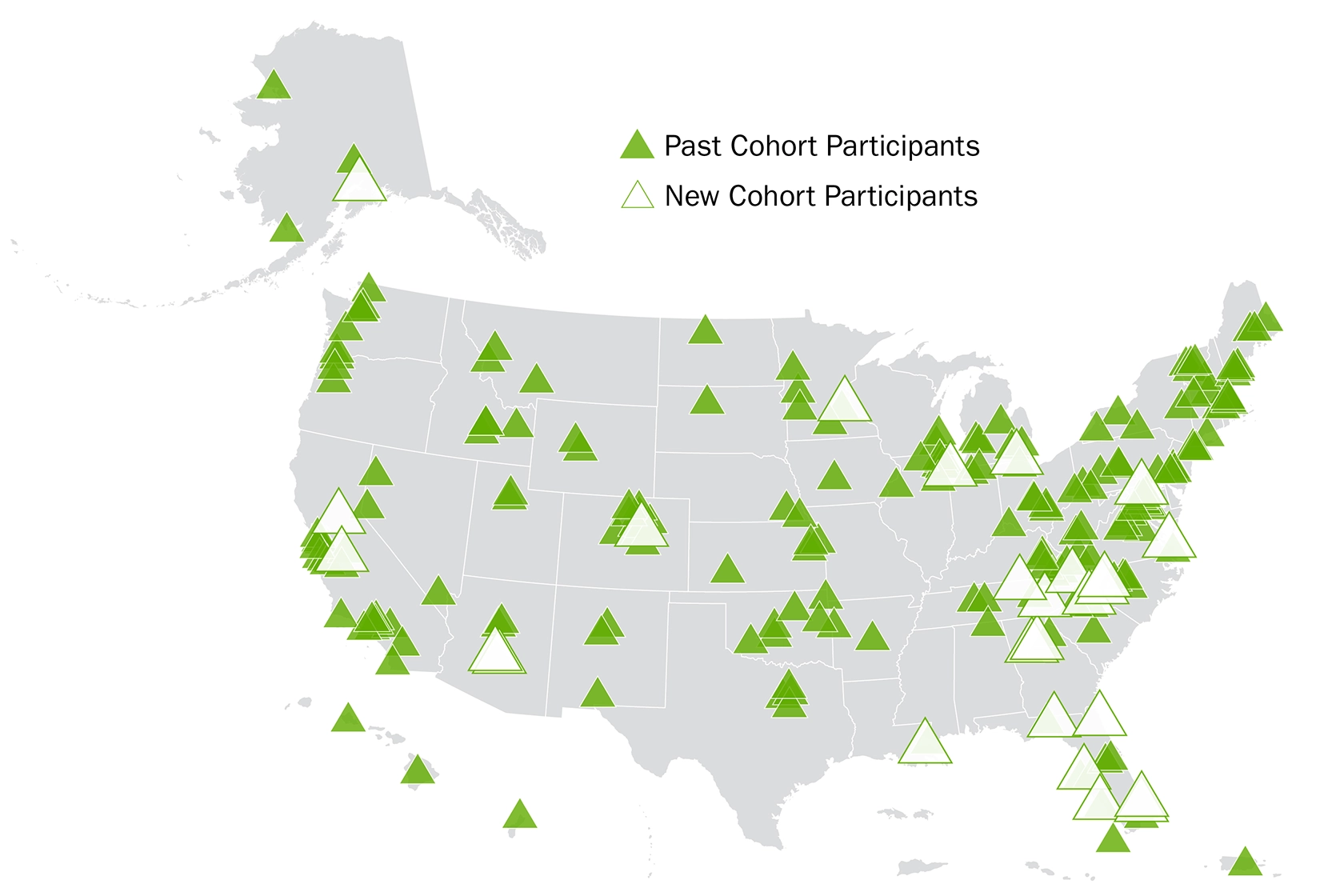 A map of the United States with icons showing the locations of Past Cohort Participants and New Cohort Participants
