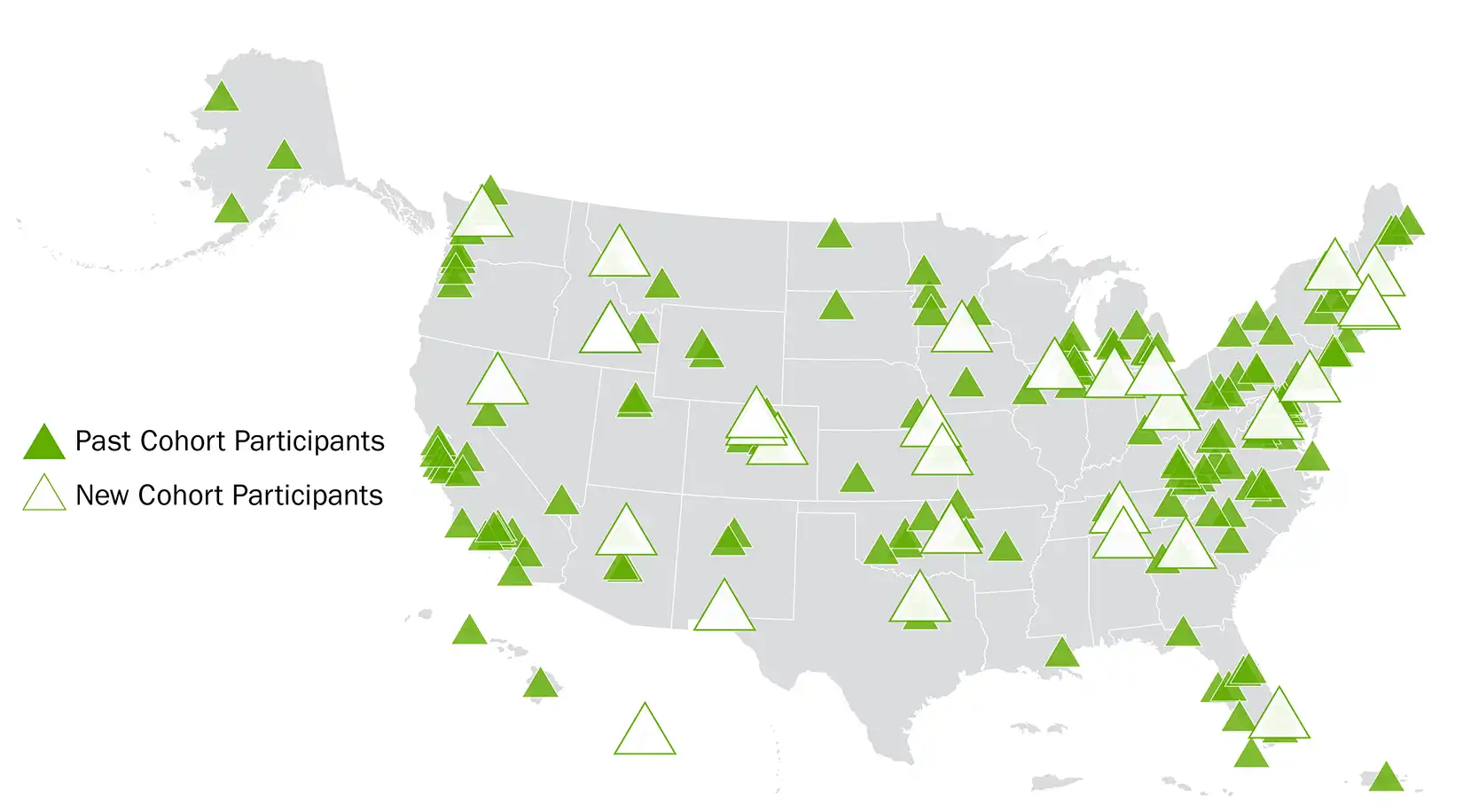 cohort-participants This map of the United States shows locations of the more than 200 participants from previous Energy to Communities peer-learning cohorts and the 30 new participants joining the cohorts that start in July 2025.