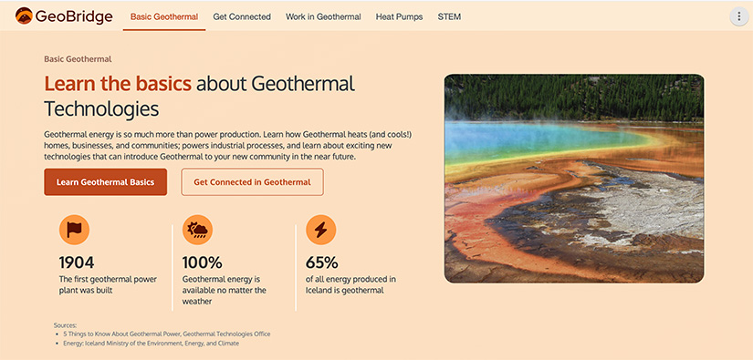 A screenshot of the GeoBridge website's Basic Geothermal tab.
